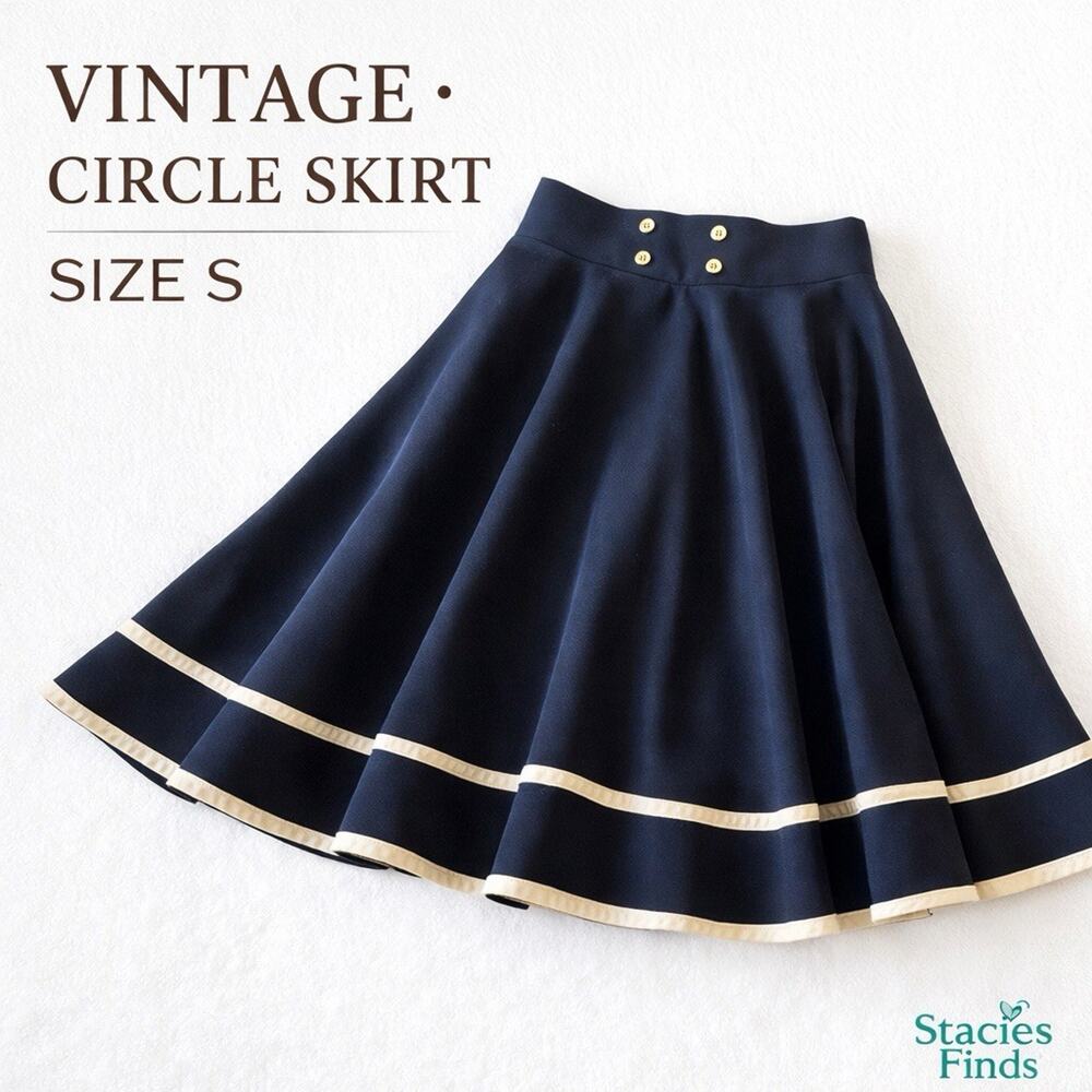 Vintage Navy Circle Skirt Full Pleated High Waist Sailor Buttons Size S